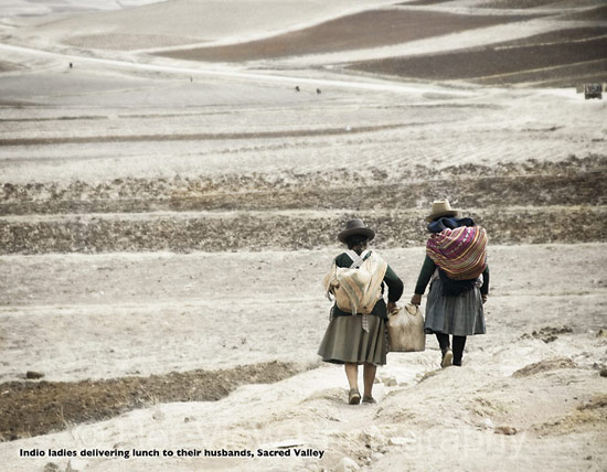 Photo Andean ladies carrying lunch to their husbands